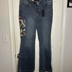 NEW Ed Hardy Blue Flare Jeans with Colorful Side Embroidery